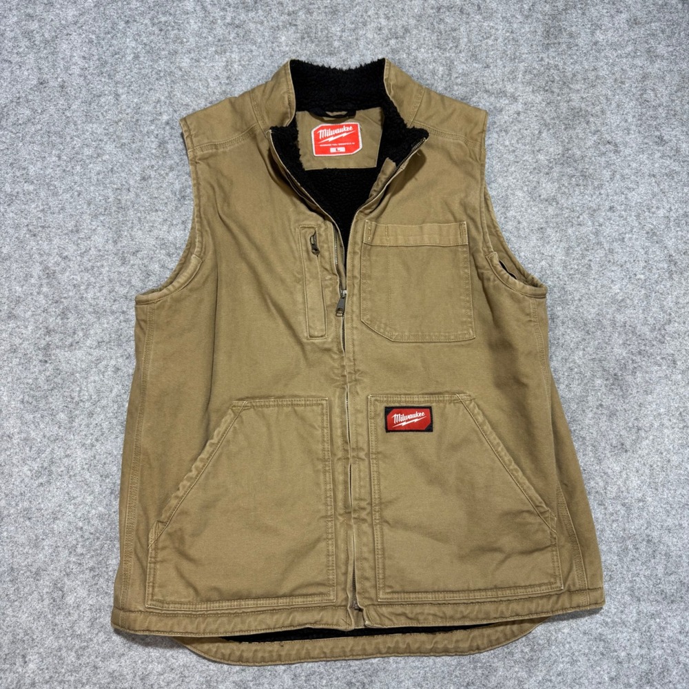 Milwaukee Tool Mens Brown Canvas Sherpa Lined Work Vest Full Zip Utility Large